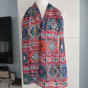 Southwestern Print Scarf Rectangular 58" x 13" Multicolor, Hand Rolled Hem NEW